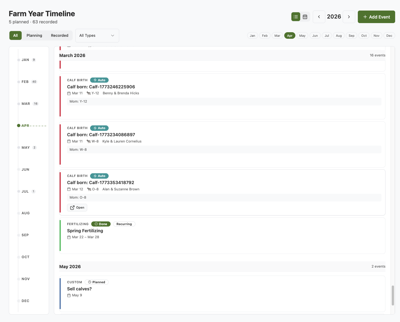 Farm Timeline List View
