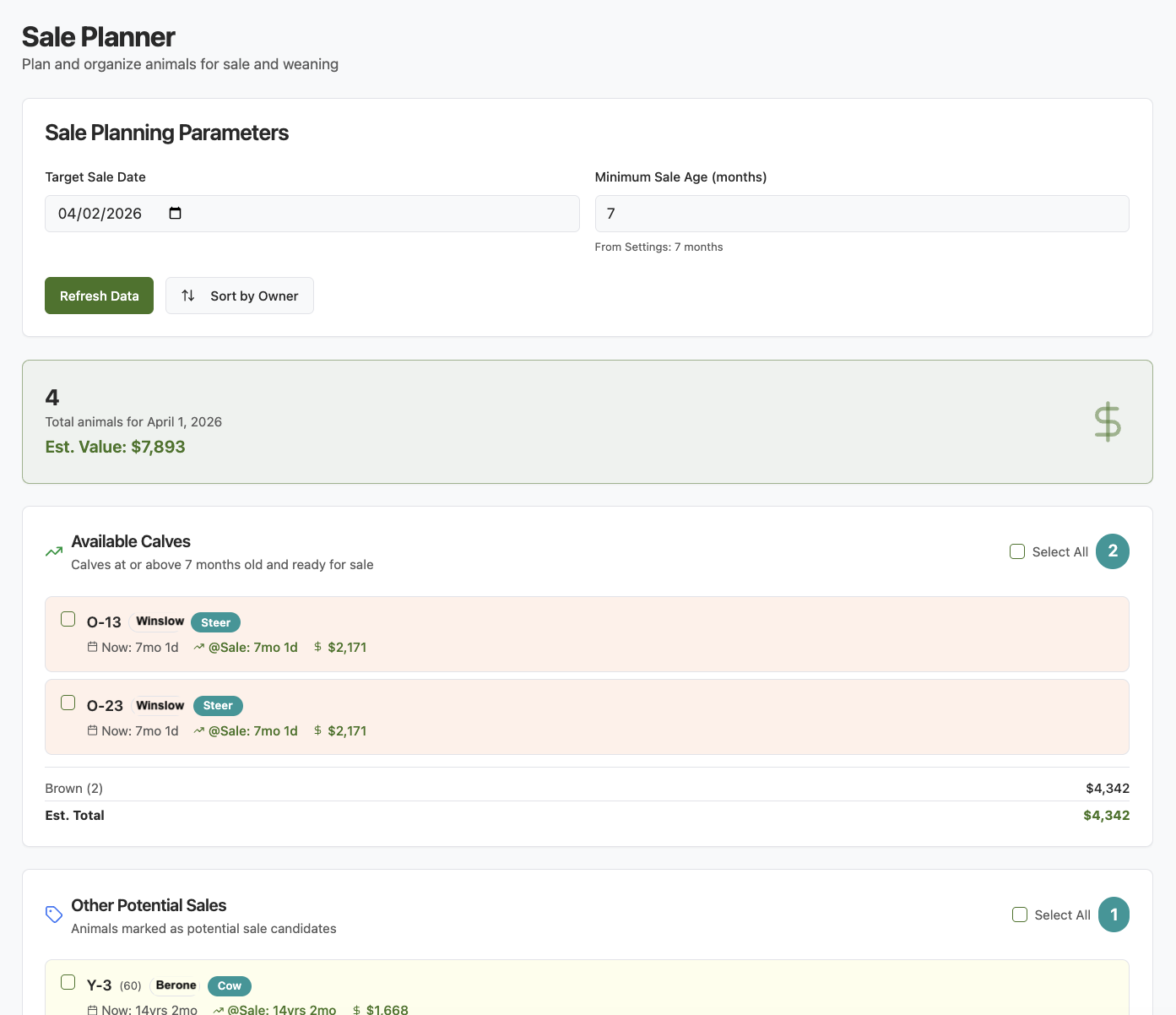 Sale Planner — Plan and organize animals for sale